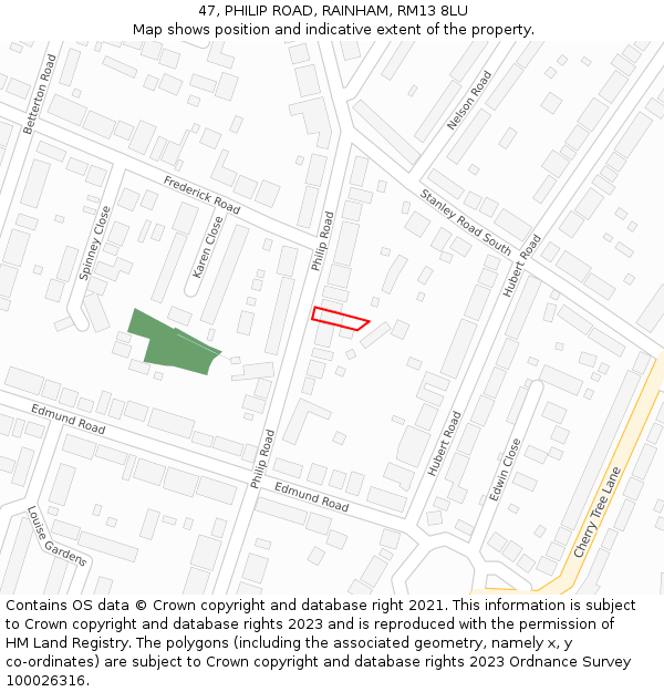 47, PHILIP ROAD, RAINHAM, RM13 8LU: Location map and indicative extent of plot