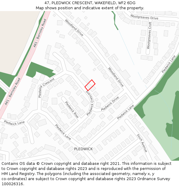 47, PLEDWICK CRESCENT, WAKEFIELD, WF2 6DG: Location map and indicative extent of plot