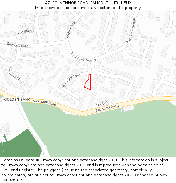 47, POLMENNOR ROAD, FALMOUTH, TR11 5UX: Location map and indicative extent of plot