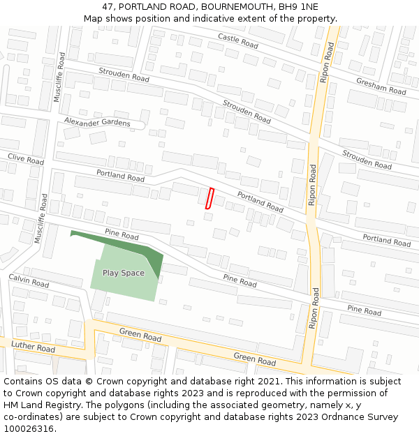 47, PORTLAND ROAD, BOURNEMOUTH, BH9 1NE: Location map and indicative extent of plot
