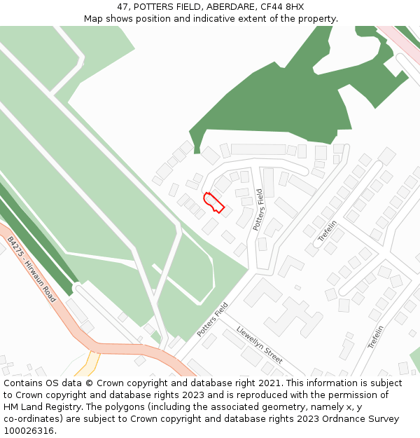 47, POTTERS FIELD, ABERDARE, CF44 8HX: Location map and indicative extent of plot