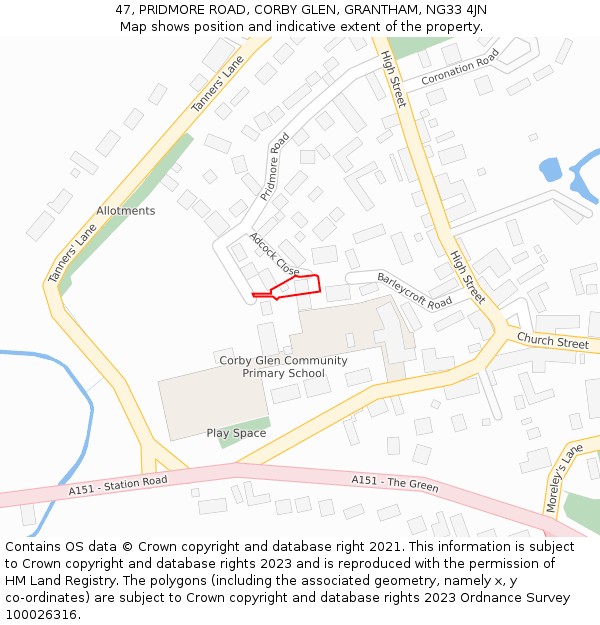 47, PRIDMORE ROAD, CORBY GLEN, GRANTHAM, NG33 4JN: Location map and indicative extent of plot