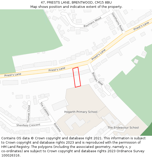 47, PRIESTS LANE, BRENTWOOD, CM15 8BU: Location map and indicative extent of plot