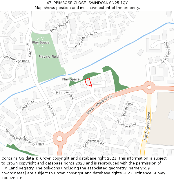 47, PRIMROSE CLOSE, SWINDON, SN25 1QY: Location map and indicative extent of plot