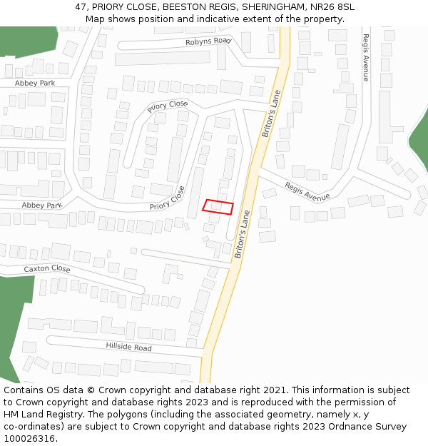 47, PRIORY CLOSE, BEESTON REGIS, SHERINGHAM, NR26 8SL: Location map and indicative extent of plot