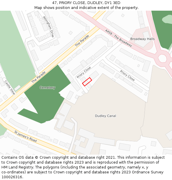 47, PRIORY CLOSE, DUDLEY, DY1 3ED: Location map and indicative extent of plot