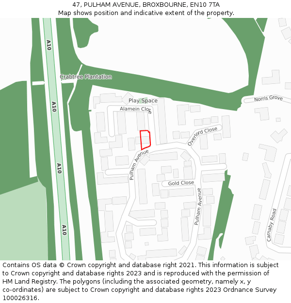 47, PULHAM AVENUE, BROXBOURNE, EN10 7TA: Location map and indicative extent of plot