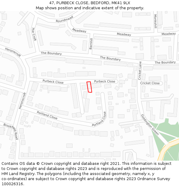 47, PURBECK CLOSE, BEDFORD, MK41 9LX: Location map and indicative extent of plot