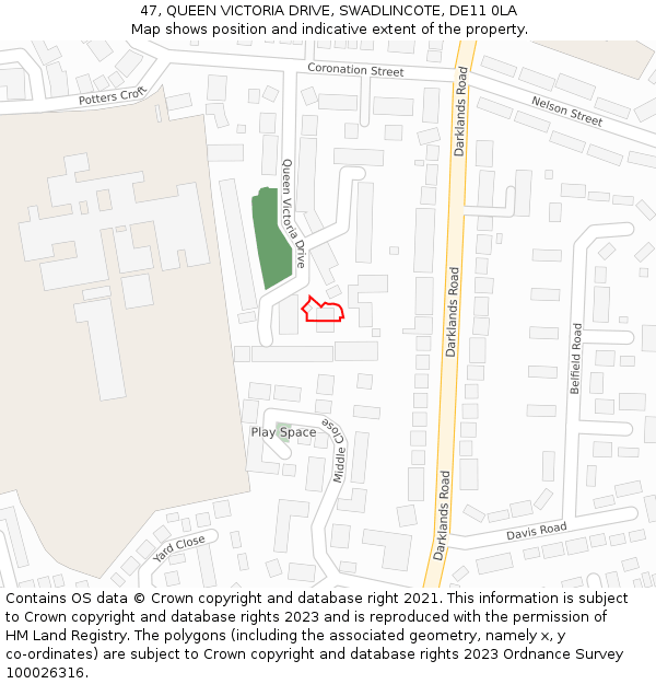 47, QUEEN VICTORIA DRIVE, SWADLINCOTE, DE11 0LA: Location map and indicative extent of plot