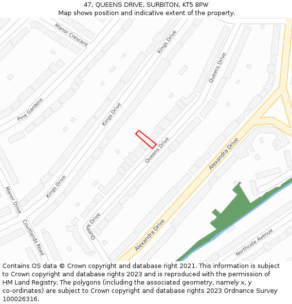 47, QUEENS DRIVE, SURBITON, KT5 8PW: Location map and indicative extent of plot