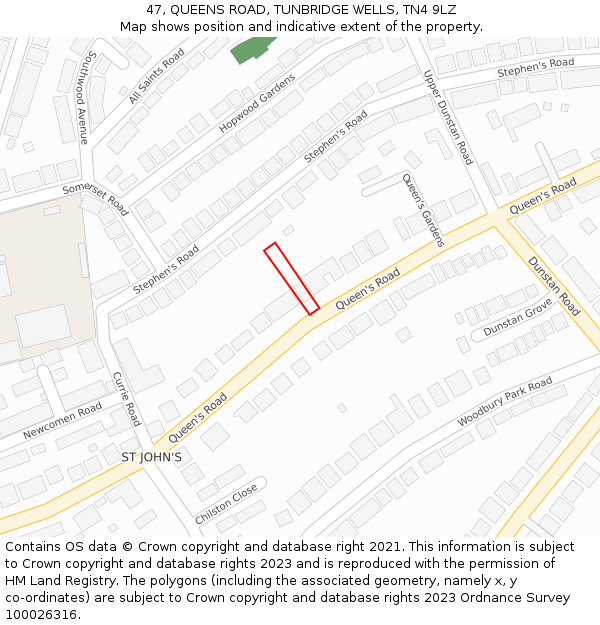 47, QUEENS ROAD, TUNBRIDGE WELLS, TN4 9LZ: Location map and indicative extent of plot