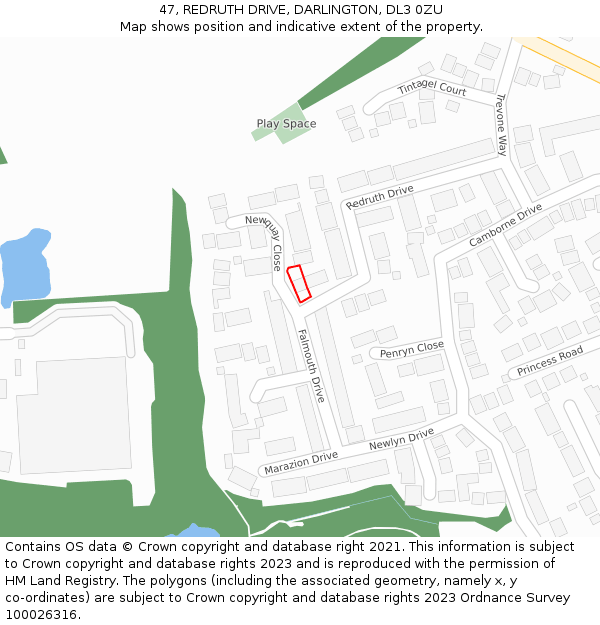 47, REDRUTH DRIVE, DARLINGTON, DL3 0ZU: Location map and indicative extent of plot