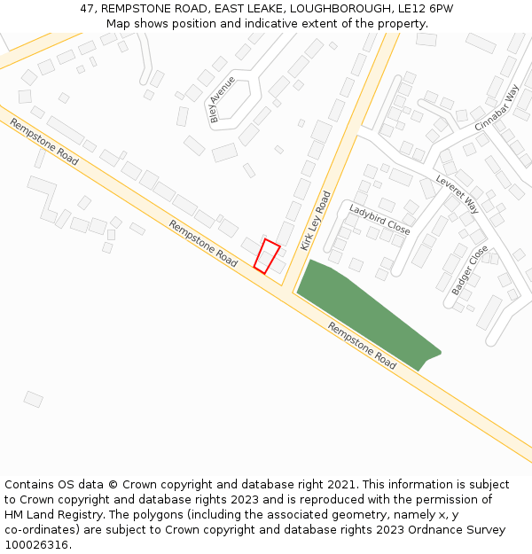 47, REMPSTONE ROAD, EAST LEAKE, LOUGHBOROUGH, LE12 6PW: Location map and indicative extent of plot