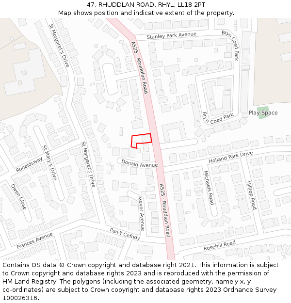 47, RHUDDLAN ROAD, RHYL, LL18 2PT: Location map and indicative extent of plot