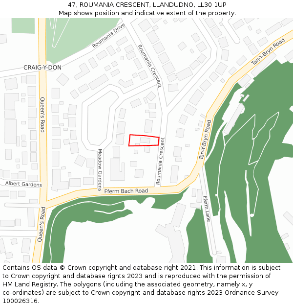 47, ROUMANIA CRESCENT, LLANDUDNO, LL30 1UP: Location map and indicative extent of plot