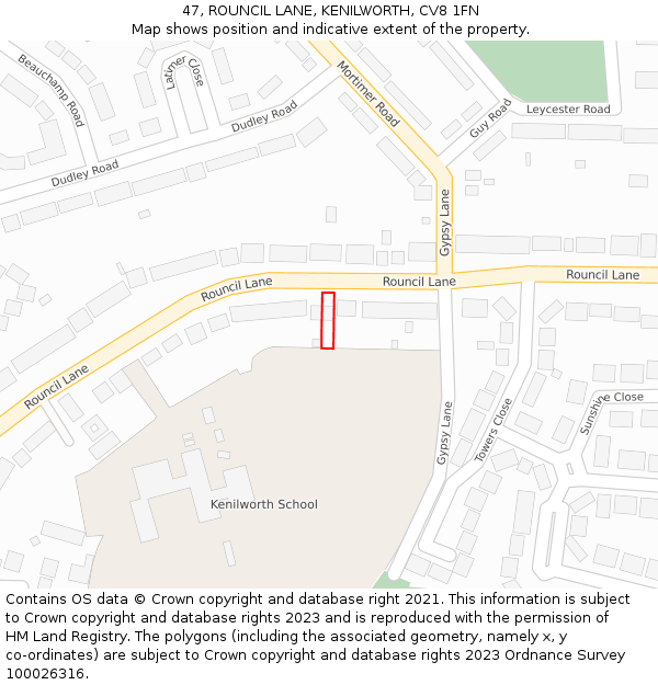 47, ROUNCIL LANE, KENILWORTH, CV8 1FN: Location map and indicative extent of plot