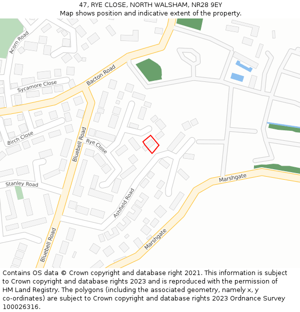 47, RYE CLOSE, NORTH WALSHAM, NR28 9EY: Location map and indicative extent of plot