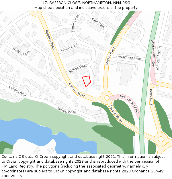 47, SAFFRON CLOSE, NORTHAMPTON, NN4 0SG: Location map and indicative extent of plot