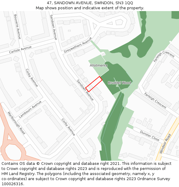 47, SANDOWN AVENUE, SWINDON, SN3 1QQ: Location map and indicative extent of plot