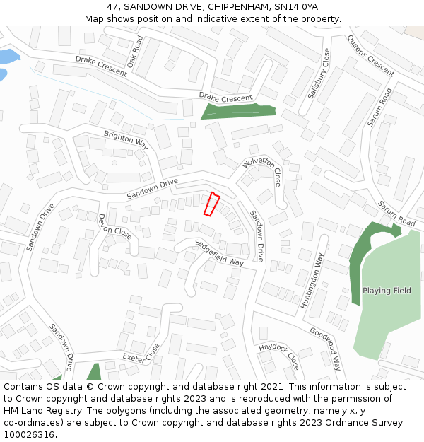 47, SANDOWN DRIVE, CHIPPENHAM, SN14 0YA: Location map and indicative extent of plot