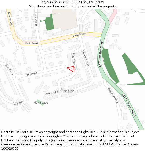 47, SAXON CLOSE, CREDITON, EX17 3DS: Location map and indicative extent of plot