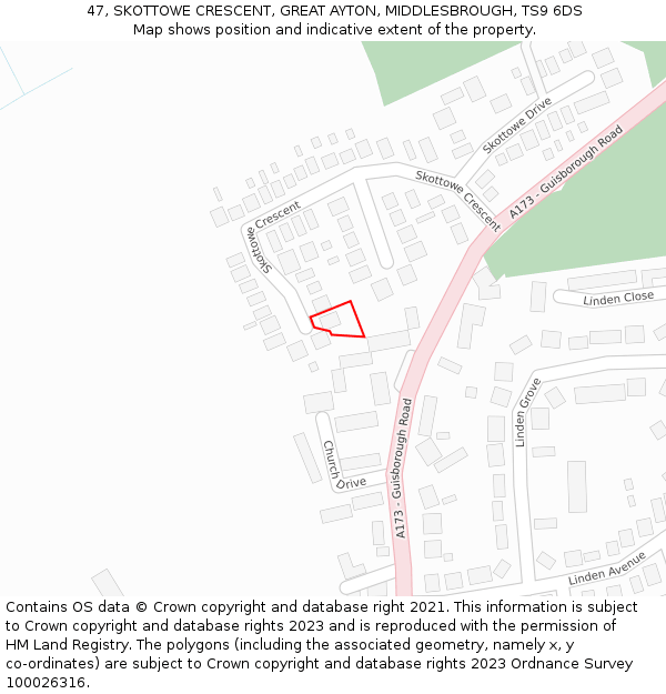 47, SKOTTOWE CRESCENT, GREAT AYTON, MIDDLESBROUGH, TS9 6DS: Location map and indicative extent of plot