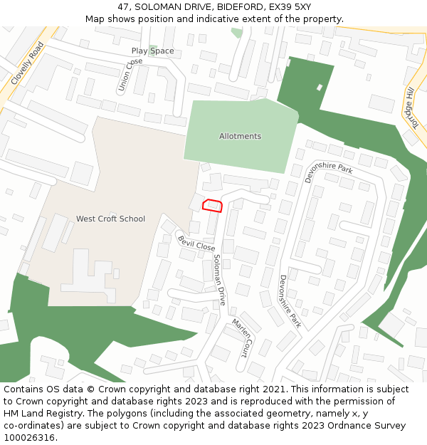 47, SOLOMAN DRIVE, BIDEFORD, EX39 5XY: Location map and indicative extent of plot