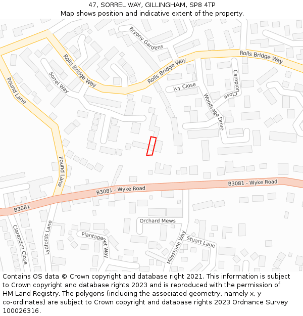 47, SORREL WAY, GILLINGHAM, SP8 4TP: Location map and indicative extent of plot