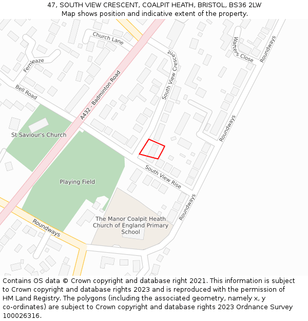 47, SOUTH VIEW CRESCENT, COALPIT HEATH, BRISTOL, BS36 2LW: Location map and indicative extent of plot