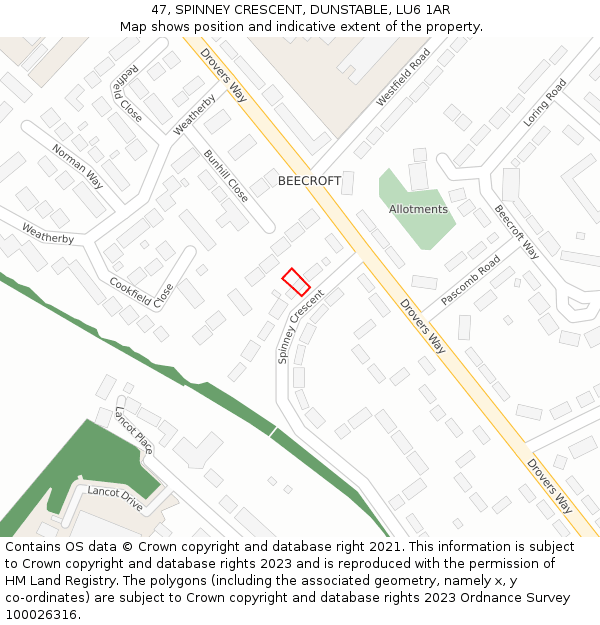 47, SPINNEY CRESCENT, DUNSTABLE, LU6 1AR: Location map and indicative extent of plot