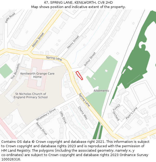 47, SPRING LANE, KENILWORTH, CV8 2HD: Location map and indicative extent of plot