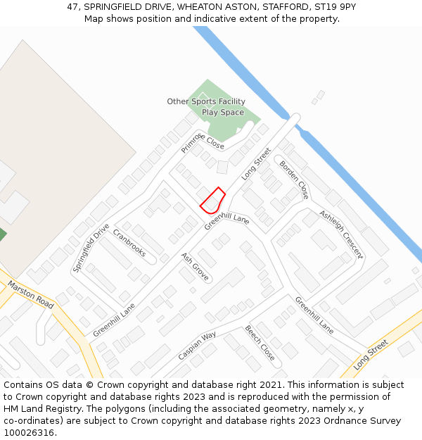 47, SPRINGFIELD DRIVE, WHEATON ASTON, STAFFORD, ST19 9PY: Location map and indicative extent of plot