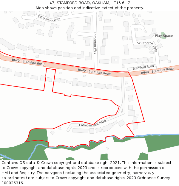 47, STAMFORD ROAD, OAKHAM, LE15 6HZ: Location map and indicative extent of plot