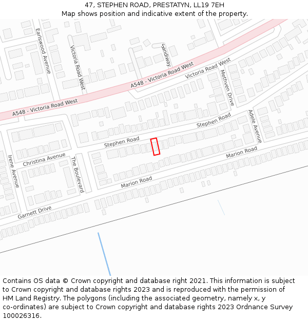 47, STEPHEN ROAD, PRESTATYN, LL19 7EH: Location map and indicative extent of plot