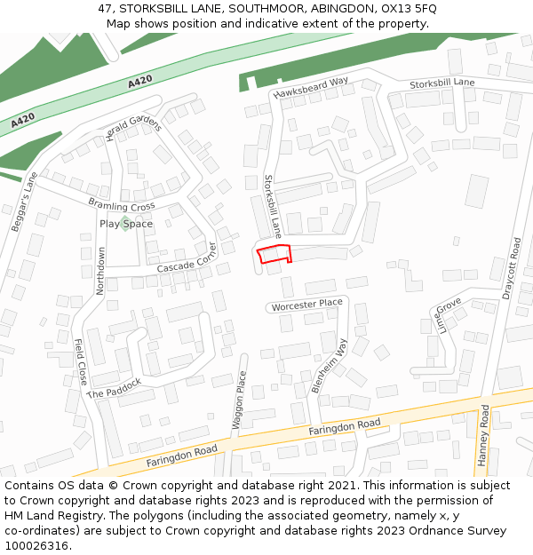 47, STORKSBILL LANE, SOUTHMOOR, ABINGDON, OX13 5FQ: Location map and indicative extent of plot