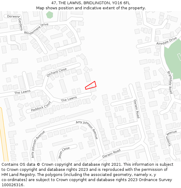 47, THE LAWNS, BRIDLINGTON, YO16 6FL: Location map and indicative extent of plot