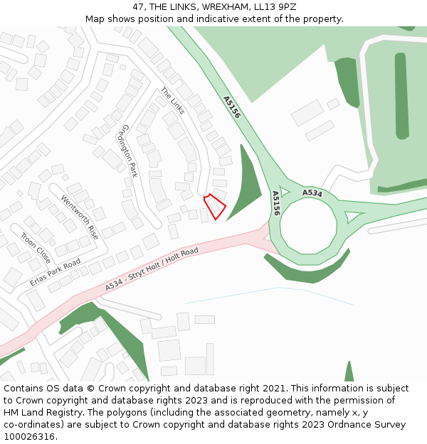 47, THE LINKS, WREXHAM, LL13 9PZ: Location map and indicative extent of plot