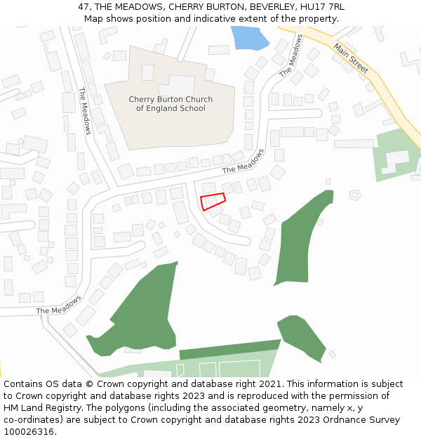 47, THE MEADOWS, CHERRY BURTON, BEVERLEY, HU17 7RL: Location map and indicative extent of plot