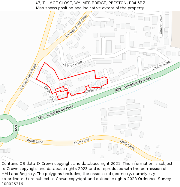 47, TILLAGE CLOSE, WALMER BRIDGE, PRESTON, PR4 5BZ: Location map and indicative extent of plot