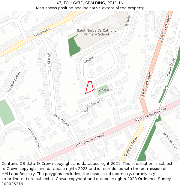 47, TOLLGATE, SPALDING, PE11 1NJ: Location map and indicative extent of plot