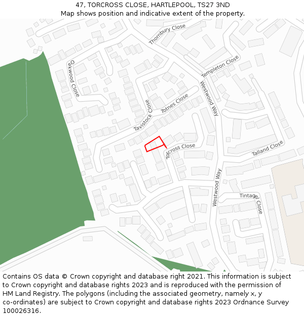 47, TORCROSS CLOSE, HARTLEPOOL, TS27 3ND: Location map and indicative extent of plot