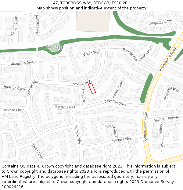 47, TORCROSS WAY, REDCAR, TS10 2RU: Location map and indicative extent of plot