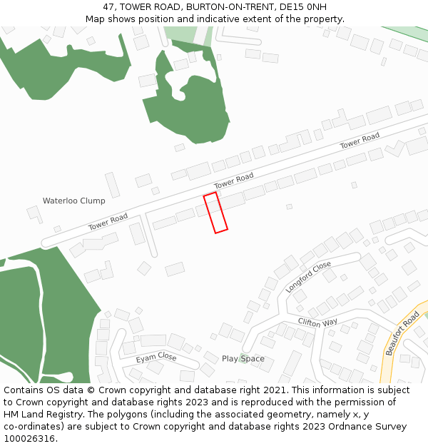 47, TOWER ROAD, BURTON-ON-TRENT, DE15 0NH: Location map and indicative extent of plot
