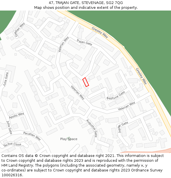 47, TRAJAN GATE, STEVENAGE, SG2 7QG: Location map and indicative extent of plot