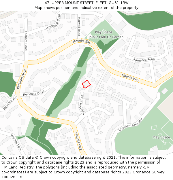 47, UPPER MOUNT STREET, FLEET, GU51 1BW: Location map and indicative extent of plot