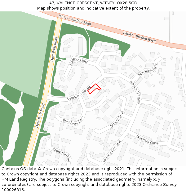 47, VALENCE CRESCENT, WITNEY, OX28 5GD: Location map and indicative extent of plot