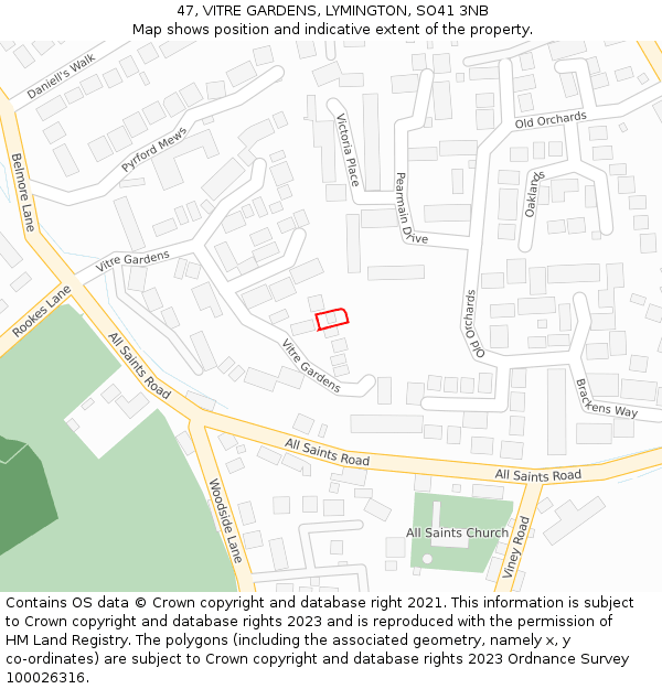 47, VITRE GARDENS, LYMINGTON, SO41 3NB: Location map and indicative extent of plot