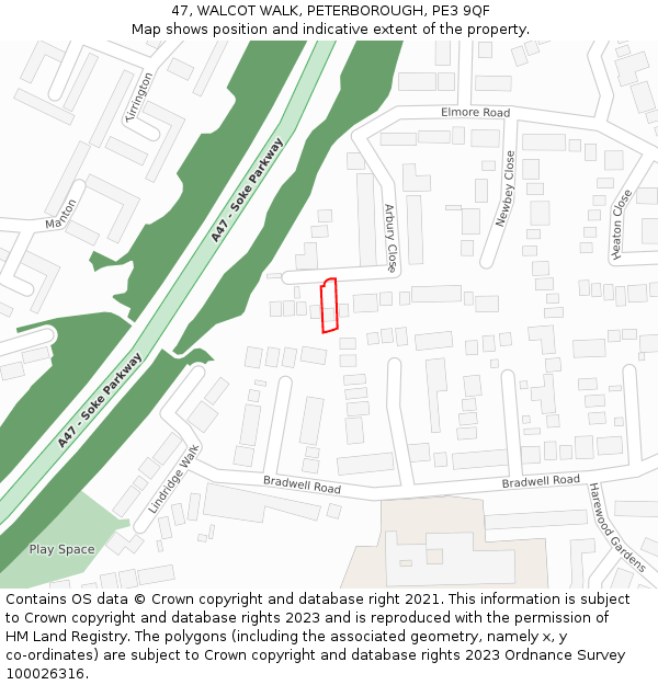 47, WALCOT WALK, PETERBOROUGH, PE3 9QF: Location map and indicative extent of plot