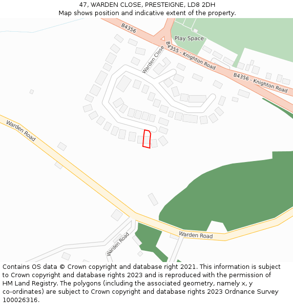 47, WARDEN CLOSE, PRESTEIGNE, LD8 2DH: Location map and indicative extent of plot