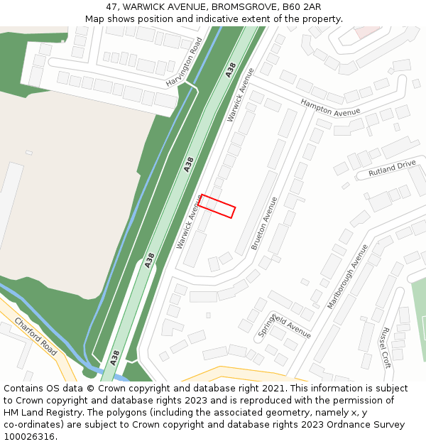 47, WARWICK AVENUE, BROMSGROVE, B60 2AR: Location map and indicative extent of plot